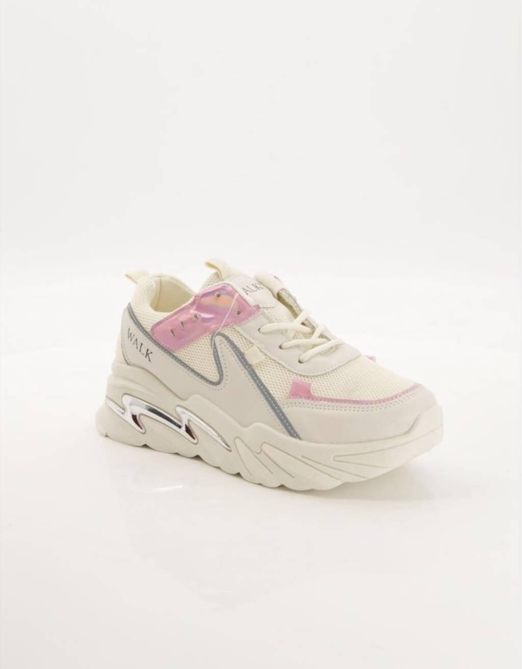 Cream Chunky Sneakers with Holographic Pink